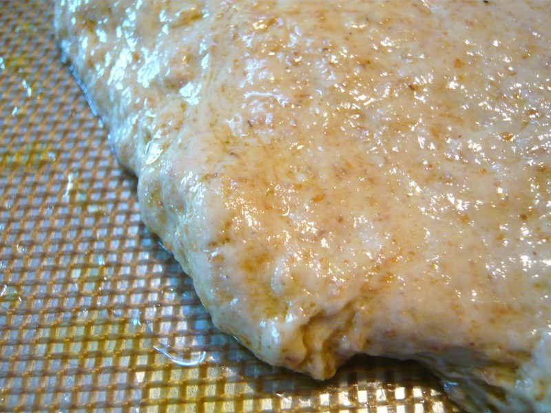 Closeup of flattened dough, coated in olive oil.