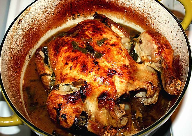 chicken braised in white wine and ramps